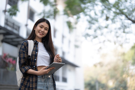 Female college students happily holding laptops outdoors after school on campus. when the sun goes down the horizon with warm lightの写真素材