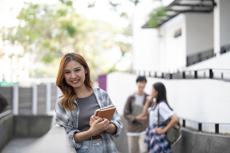 Cute asian girl student with hold a book and laptop near the campus against the background of a group of students.の写真素材