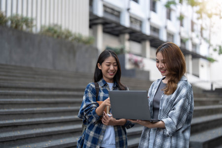 Group of Asian college student reading books and tutoring special class for exam on grass field at outdoors. Happiness and Education learning concept. Back to school concept. Teen and people theme.の写真素材