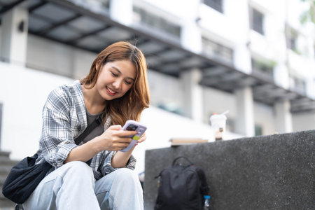 Young asian student woman smiling happy using smartphone sitting on the fioor at the university campusの写真素材