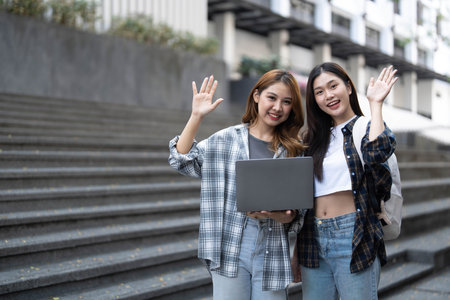 Group of Asian college student reading books and tutoring special class for exam on grass field at outdoors. Happiness and Education learning concept. Back to school concept. Teen and people theme.の写真素材