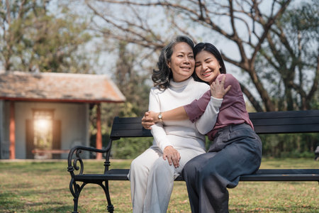 Happy adult granddaughter and senior grandmother having fun enjoying talk sit with green nature. in parkの写真素材