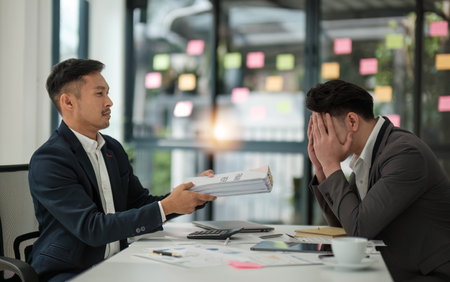Two serious businessmen discussing project sitting at office desk, using pc laptop, looking at screen, make presentation, create business plan, fulfill task, consider investmentの写真素材