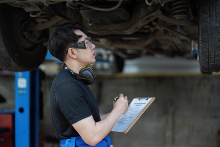 car service, repair, maintenance and people concept - happy smiling auto mechanic man or smith with clipboard at workshopの写真素材