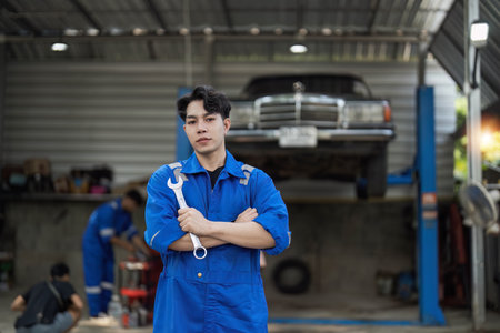 Portrait Shot of a Handsome Mechanic Working on a Vehicle in a Car Service. Professional Repairman is Wearing Gloves and Using a Ratchet Underneath the Car. Modern Clean Workshop.の写真素材