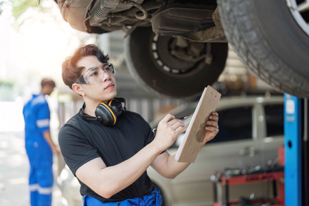 car service, repair, maintenance and people concept - happy smiling auto mechanic man or smith with clipboard at workshopの写真素材