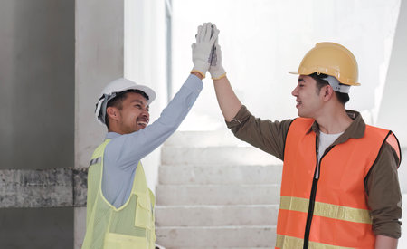 Businessman handshake with engineering in construction renovate building site. Engineer or architect inspection workplace for project.Teamwork construction engineer,business and architecture concept.の写真素材