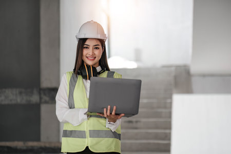 Portrait of Happy professional construction engineer woman holding laptop and wearing the safety helmet at the building site place background, industrial engineering conceptの写真素材