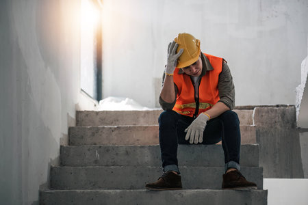 Stress engineer or architect holding hands at his head. He is having problems in work. He is sitting...
