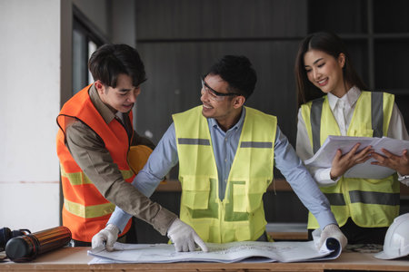 Engineers work as a team with blueprints for architectural plans. Engineer sketching construction project concept with architect equipment Architects talking at table Teamwork and construction conceptの写真素材
