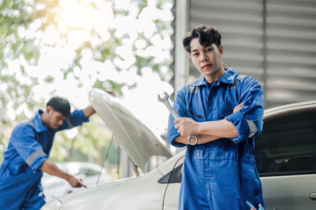 Vehicle service maintenance asian man checking under car condition in garage. Automotive mechanic maintenance checklist document. Car repair service conceptの写真素材