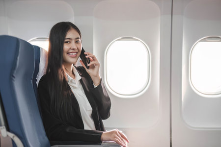 tourism and technology concept of business woman with smartphone and laptopの写真素材