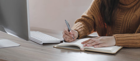 Close up asian girl student online learning class study online video call zoom teacher, Happy asian girl learn english language online with computer laptop..の写真素材