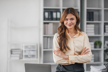 Business woman using calculator for do math finance on wooden desk in office and business working background, tax, accounting, statistics and analytic research concept..の写真素材