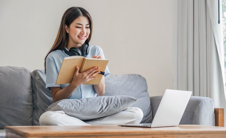 Asian girl student online learning class study online video call zoom teacher, Happy asian girl learn english language online with computer laptop..の写真素材