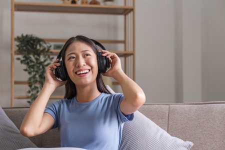 Asian girl student online learning class study online video call zoom teacher, Happy asian girl learn english language online with computer laptop..の写真素材