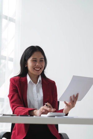 Cheerful business lady working on laptop in office, Asian happy beautiful businesswoman in formal suit work in workplace. Attractive female employee office worker smile.の写真素材