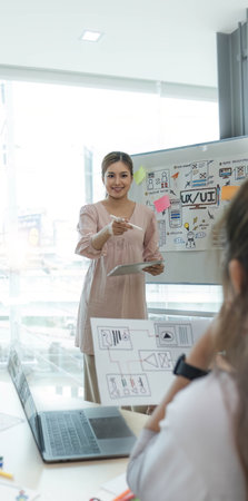 Asian office team brainstorming, plan for solution idea, Group of asia creative teamwork and woman leader at business meeting for developing mobile phone app, ux, ui start up, small businessの写真素材