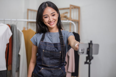 Blogger small SME business woman using mobile phone video call for sell clothes live stream selling online, show product present detail at home office, entrepreneur ecommerceの写真素材