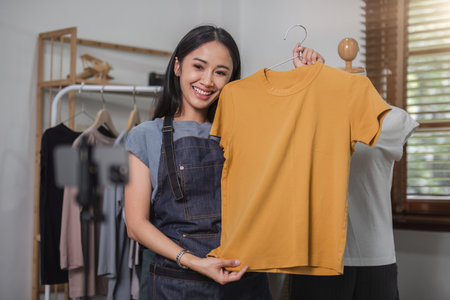 Blogger small SME business woman using mobile phone video call for sell clothes live stream selling online, show product present detail at home office, entrepreneur ecommerceの写真素材