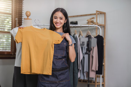 Blogger small SME business woman using mobile phone video call for sell clothes live stream selling online, show product present detail at home office, entrepreneur ecommerceの写真素材