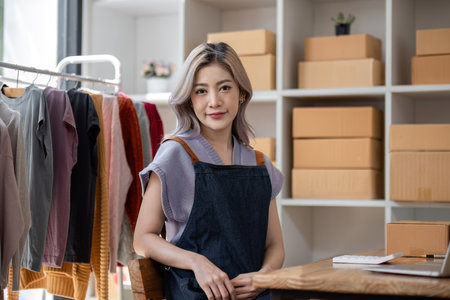 Portrait of a Asian start-up business owner, looking at camera, working happily with cardboard boxes at home, preparing to ship clothes in smeの写真素材