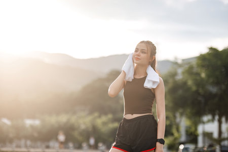 portrait of beautiful asian woman Wipe off your sweat after an evening jog in the park.