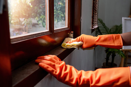 Asian female housewife cleaning house using spray and cleaning cloth in living room.