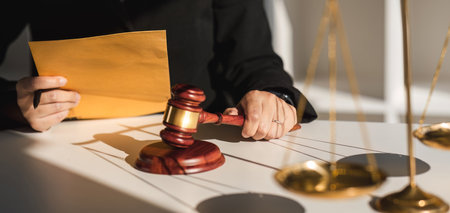 Lawyer female working with hammer and scales with document, contract, legal adviser concept.の写真素材