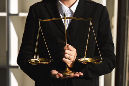 Concept of justice and law, female lawyer in office with brass degree.の写真素材