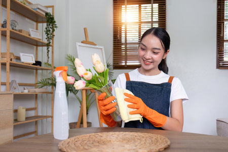 Asian female housekeeper cleaning the house using spray and cleaning cloth at the table in the living roomの写真素材