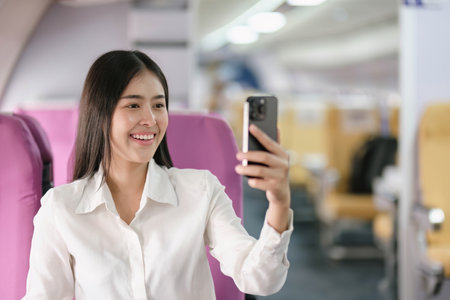 Smiling tourist woman taking a selfie on her mobile phone waiting on the plane. Passengers traveling abroad during the weekend air flight conceptの写真素材