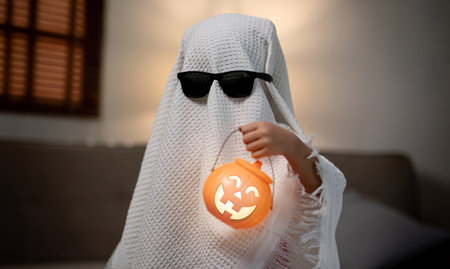 Little children wearing a white scary ghost costume holds a bucket of pumpkins for Halloween.の写真素材