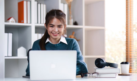 Asian girl student online learning class study online video call zoom teacher, Happy asian girl...