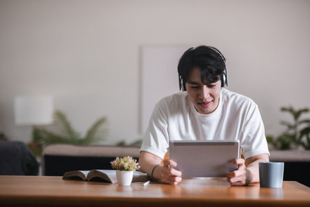 young student online learning class study online video call zoom teacher, Happy student learn...