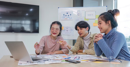 Asian office team brainstorming, plan for solution idea, Group of asian creative teamwork and woman...