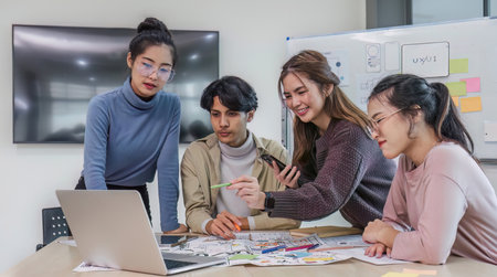 Asian office team brainstorming, plan for solution idea, Group of asian creative teamwork and woman...
