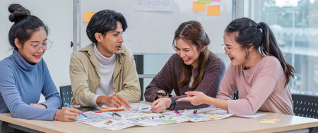 Asian office team brainstorming, plan for solution idea, Group of asia creative teamwork and woman...