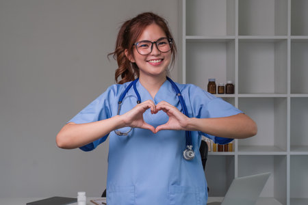 Beautiful asian woman wearing doctor uniform and stethoscope smiling in love doing heart symbol shape with hands. romantic concept.の写真素材