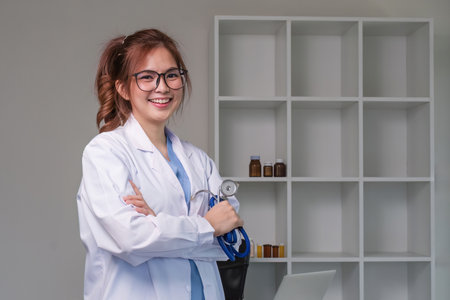 Asian female doctor wearing white medical uniform she hung a stethoscope meter on her neck, standing with her arms crossed, smiling happily. with confidenceの写真素材