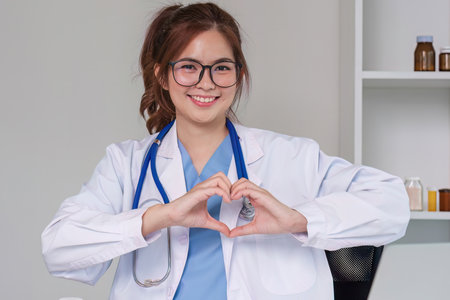 Beautiful asian woman wearing doctor uniform and stethoscope smiling in love doing heart symbol shape with hands. romantic concept.の写真素材