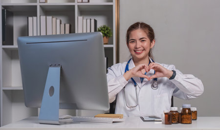 Beautiful asian woman wearing doctor uniform and stethoscope smiling in love doing heart symbol shape with hands. romantic concept.の写真素材