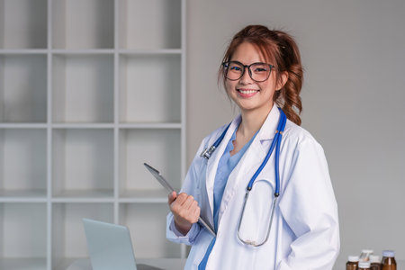 Portrait of a smiling female doctor holding a digital tablet wearing a medical coat and stethoscope in hospitalの写真素材