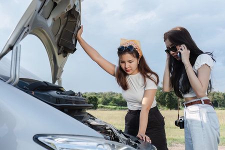 Two stressed and confused Asian women are calling insurance. with a car that has problems While traveling togetherの写真素材