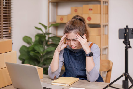 Stress serious asian woman doing clothing business selling online. she using laptop computer. online sell marketing delivery, SME ecommerce conceptの写真素材