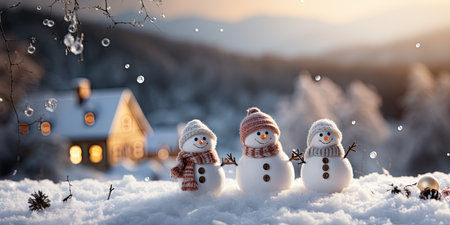 A cute smiling snowman in the biggest of the snow with a background. bokeh a Christmas tree and house the mountain. Its a blurred background. Generative AIの素材