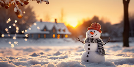 A cute smiling snowman in the biggest of the snow with a background. bokeh a Christmas tree and house the mountain. Its a blurred background. Generative AIの素材