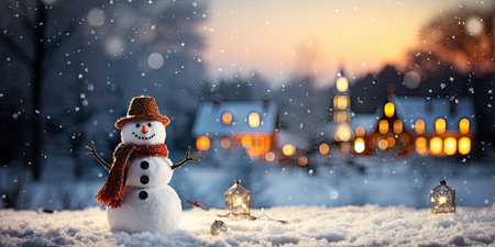 A cute smiling snowman in the biggest of the snow with a background. bokeh a Christmas tree and house the mountain. Its a blurred background. Generative AIの素材