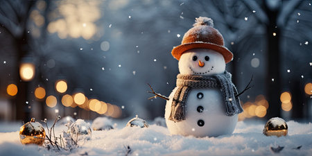 A cute smiling snowman in the biggest of the snow with a background. bokeh a Christmas tree and house the mountain. Its a blurred background. Generative AIの素材