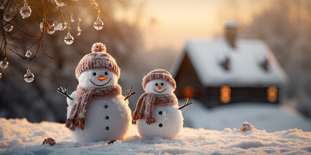A cute smiling snowman in the biggest of the snow with a background. bokeh a Christmas tree and house the mountain. Its a blurred background. Generative AIの素材